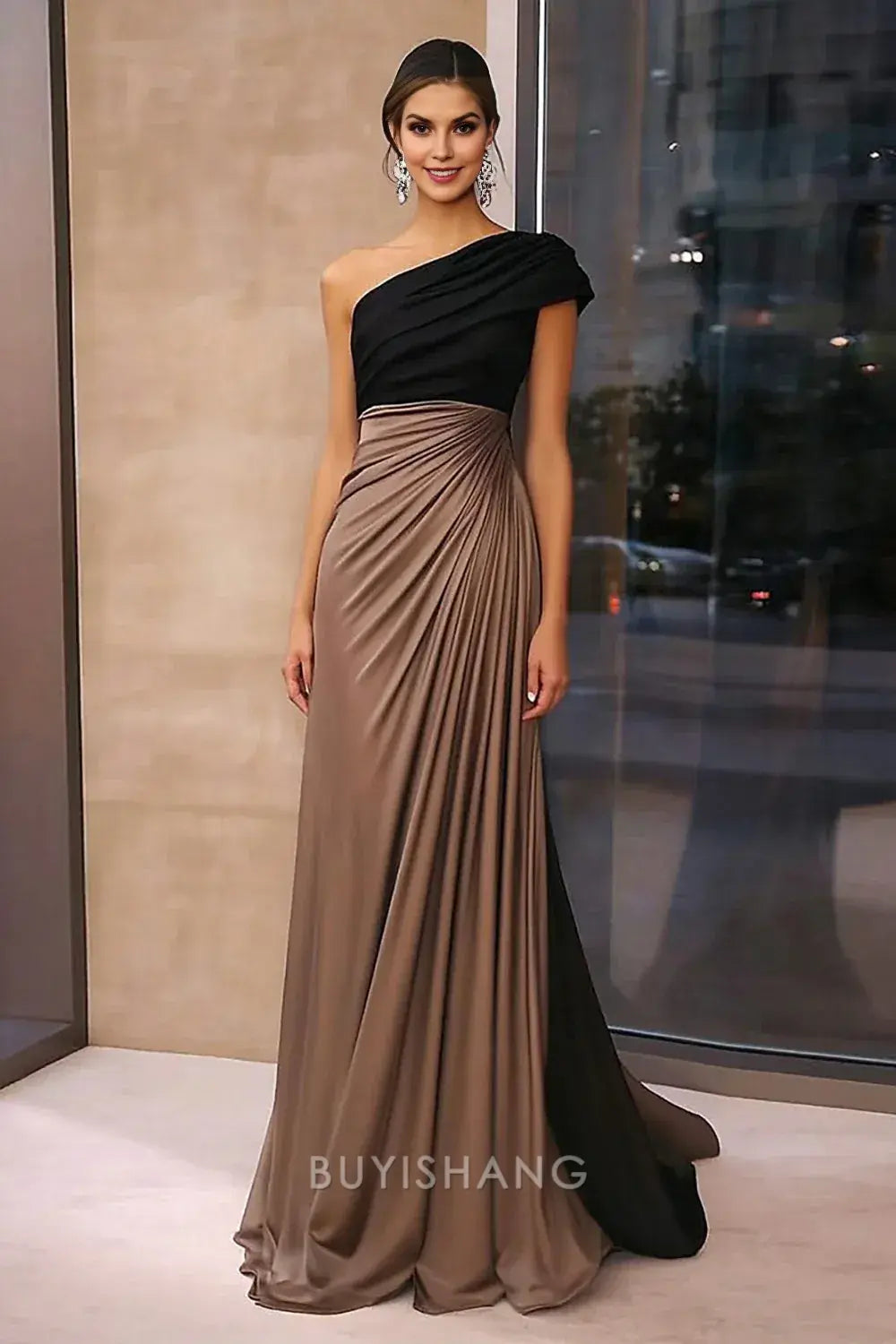 Elegant One-Shoulder Color-Block Ruched Floor-Length Maxi Dress ﻿Prom Dress