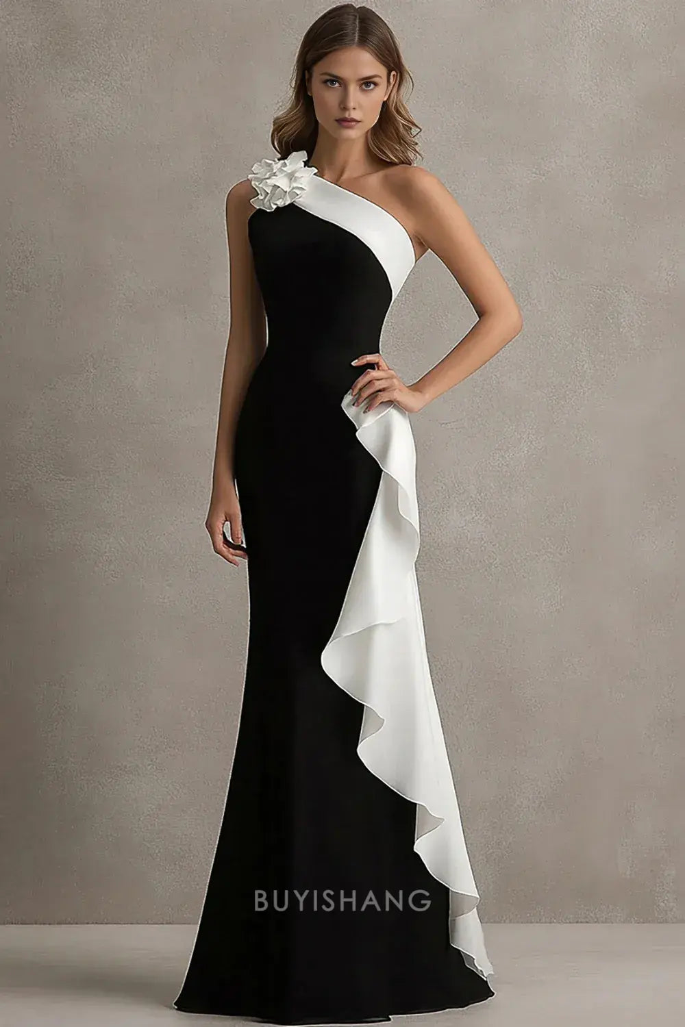 Elegant One-Shoulder Contrast Ruffle Satin Mermaid Maxi Dress Prom Dress
