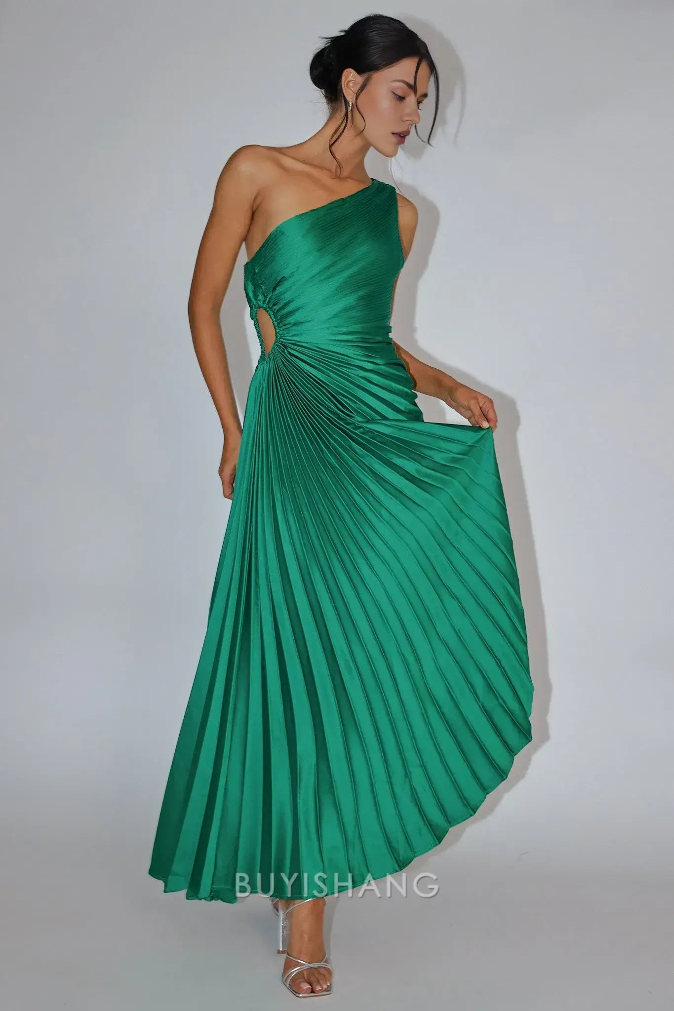 Elegant One - Shoulder Cut - Out Pleated Asymmetrical Length Maxi Dress prom dress