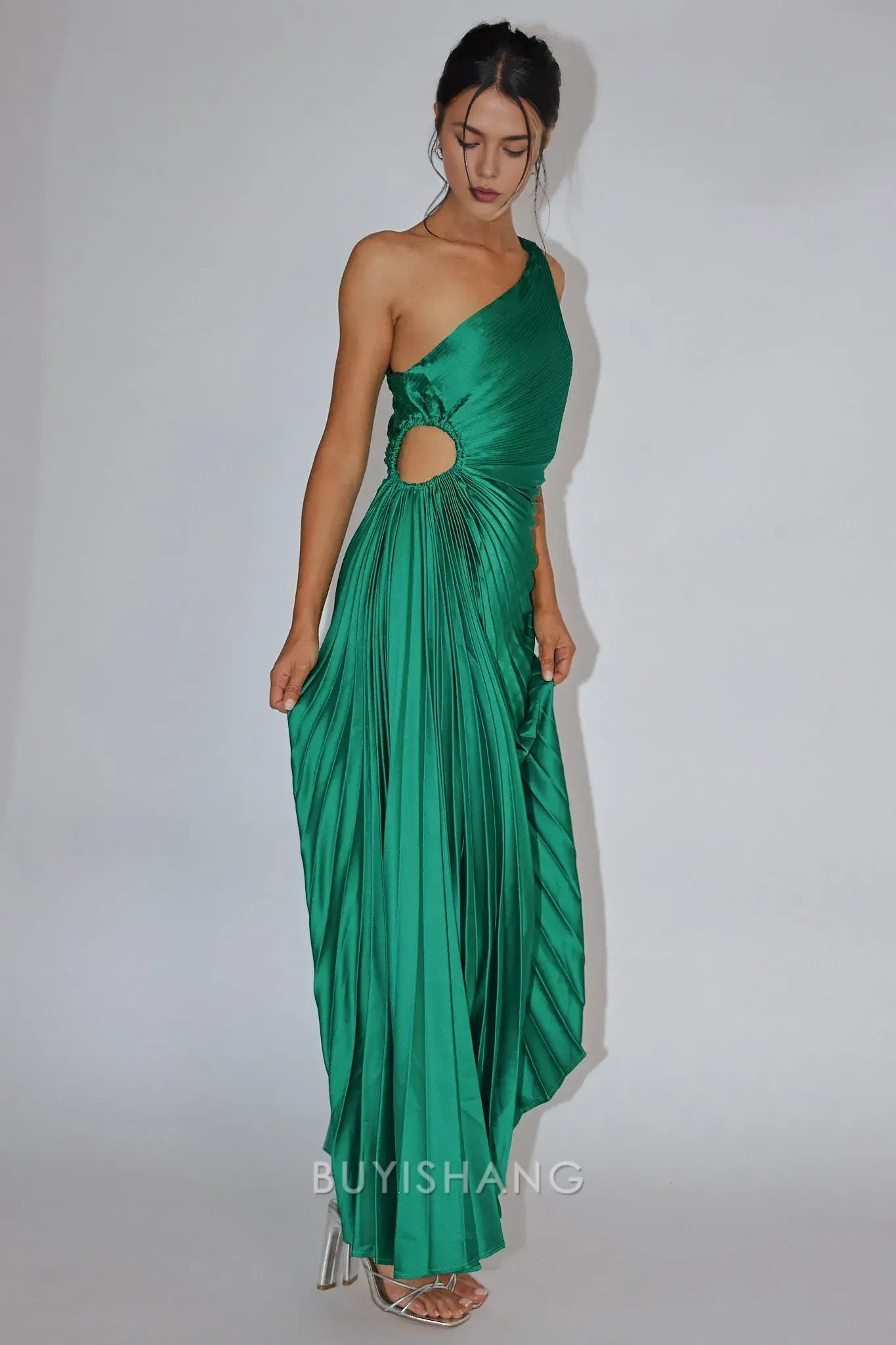 Elegant One - Shoulder Cut - Out Pleated Asymmetrical Length Maxi Dress prom dress