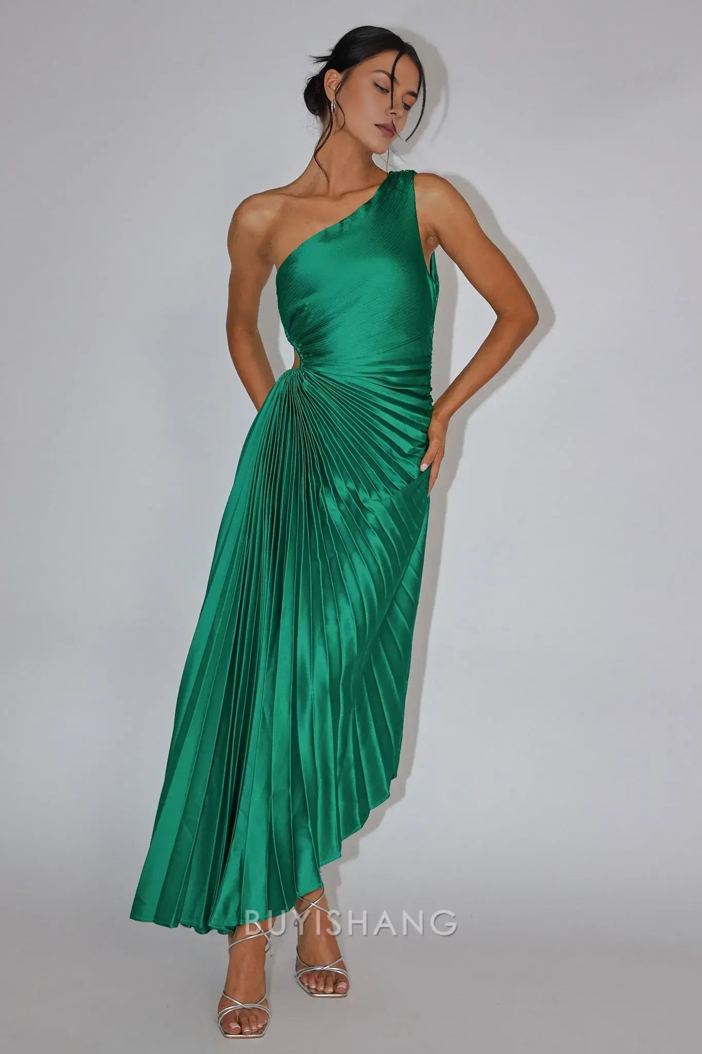 Elegant One - Shoulder Cut - Out Pleated Asymmetrical Length Maxi Dress prom dress
