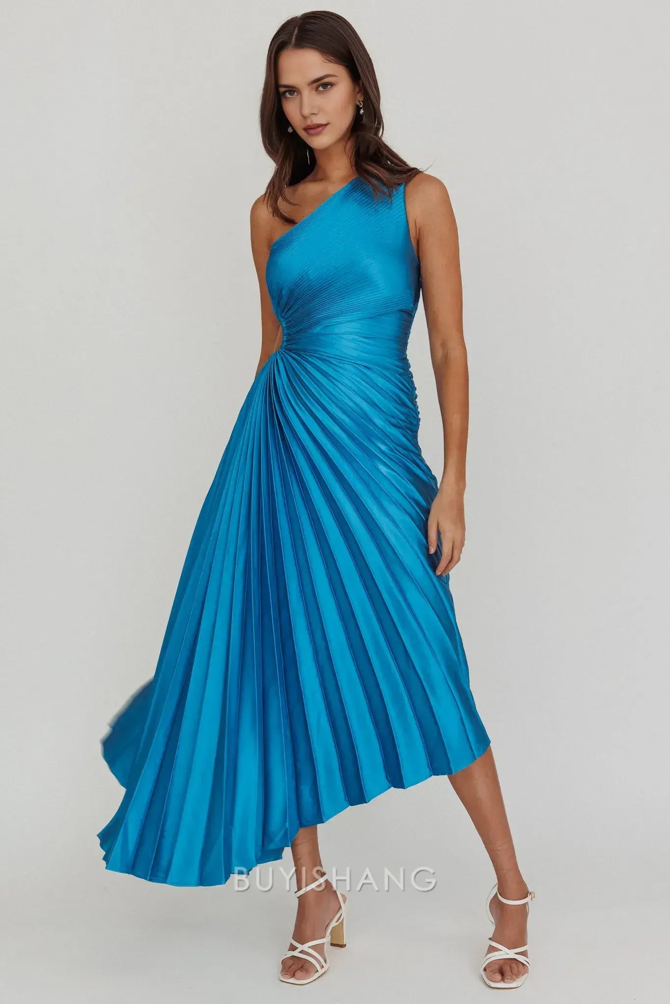 Elegant One - Shoulder Cut - Out Pleated Asymmetrical Length Maxi Dress prom dress