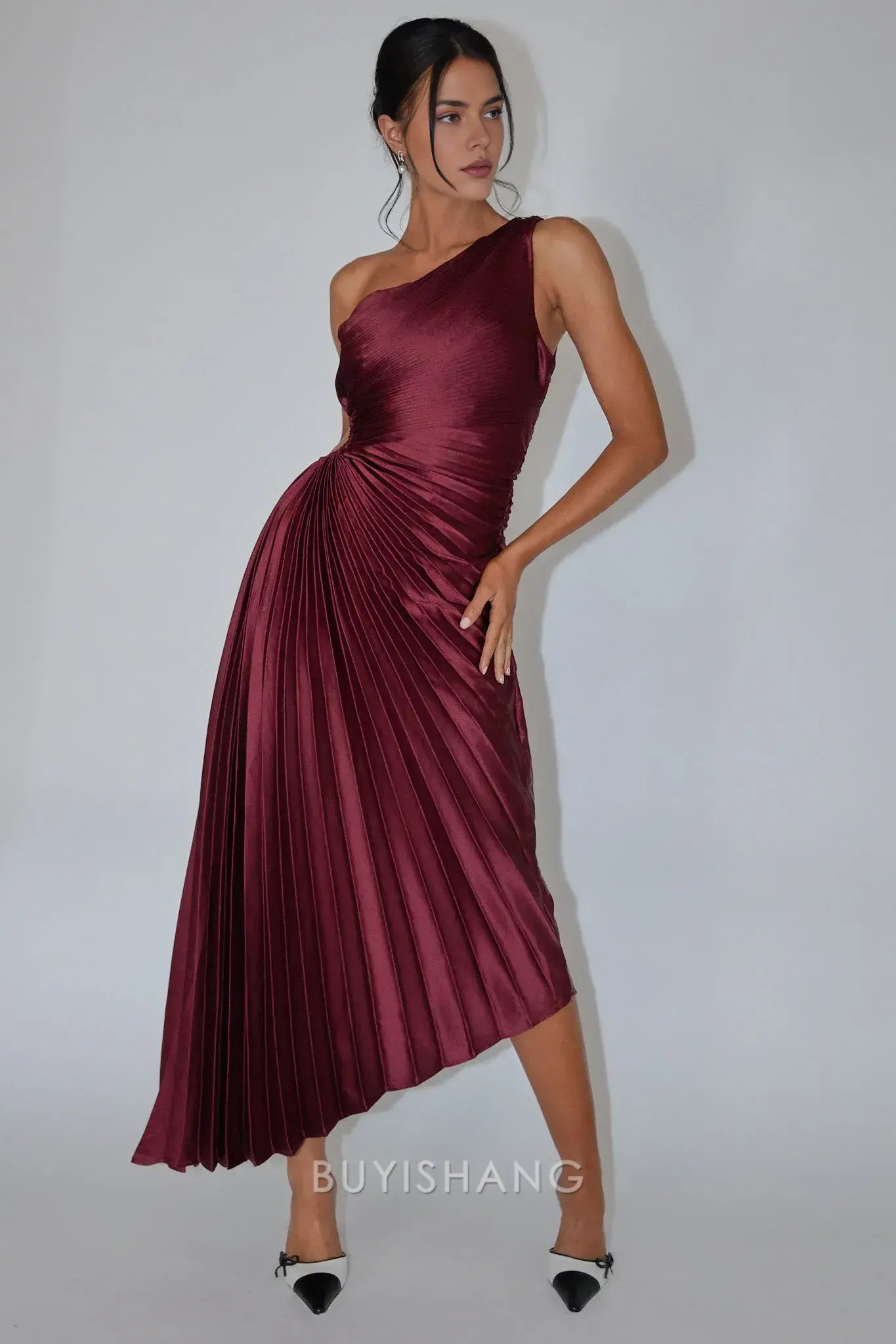 Elegant One - Shoulder Cut - Out Pleated Asymmetrical Length Maxi Dress prom dress