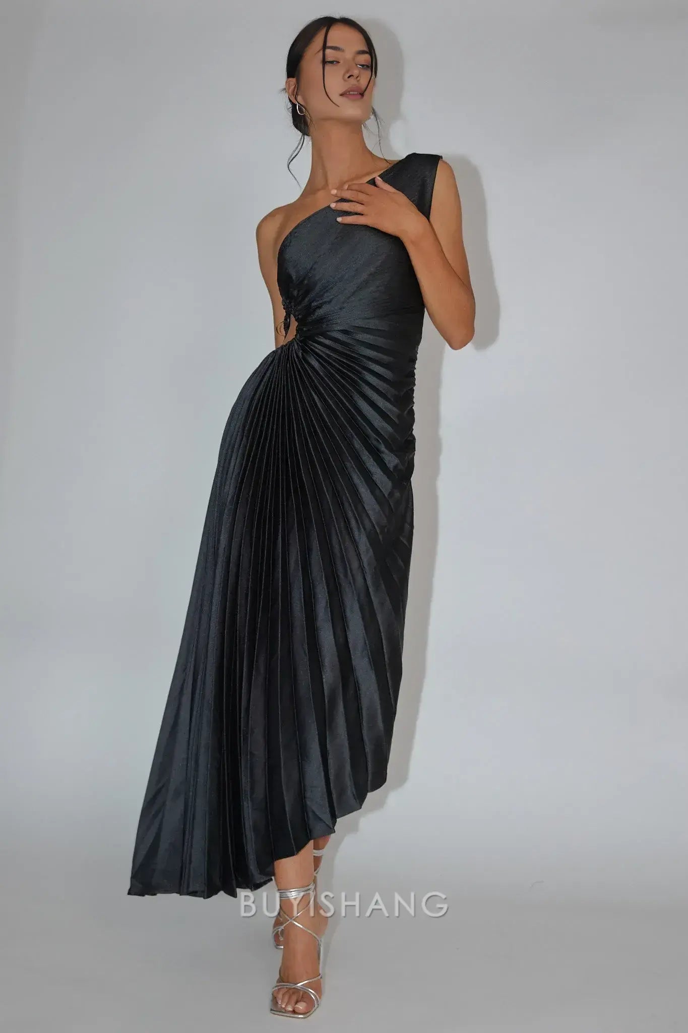 Elegant One - Shoulder Cut - Out Pleated Asymmetrical Length Maxi Dress prom dress