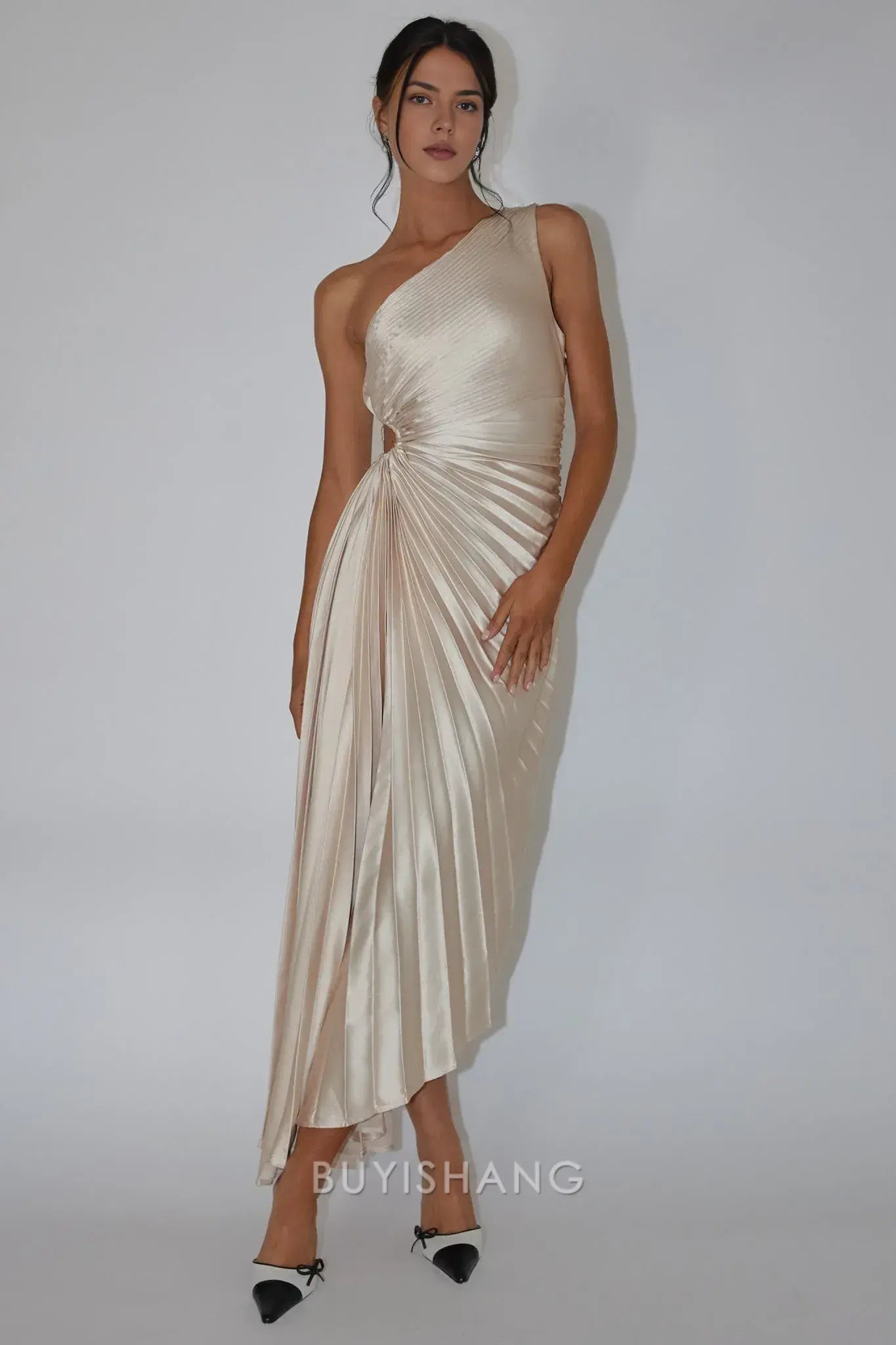 Elegant One - Shoulder Cut - Out Pleated Asymmetrical Length Maxi Dress prom dress