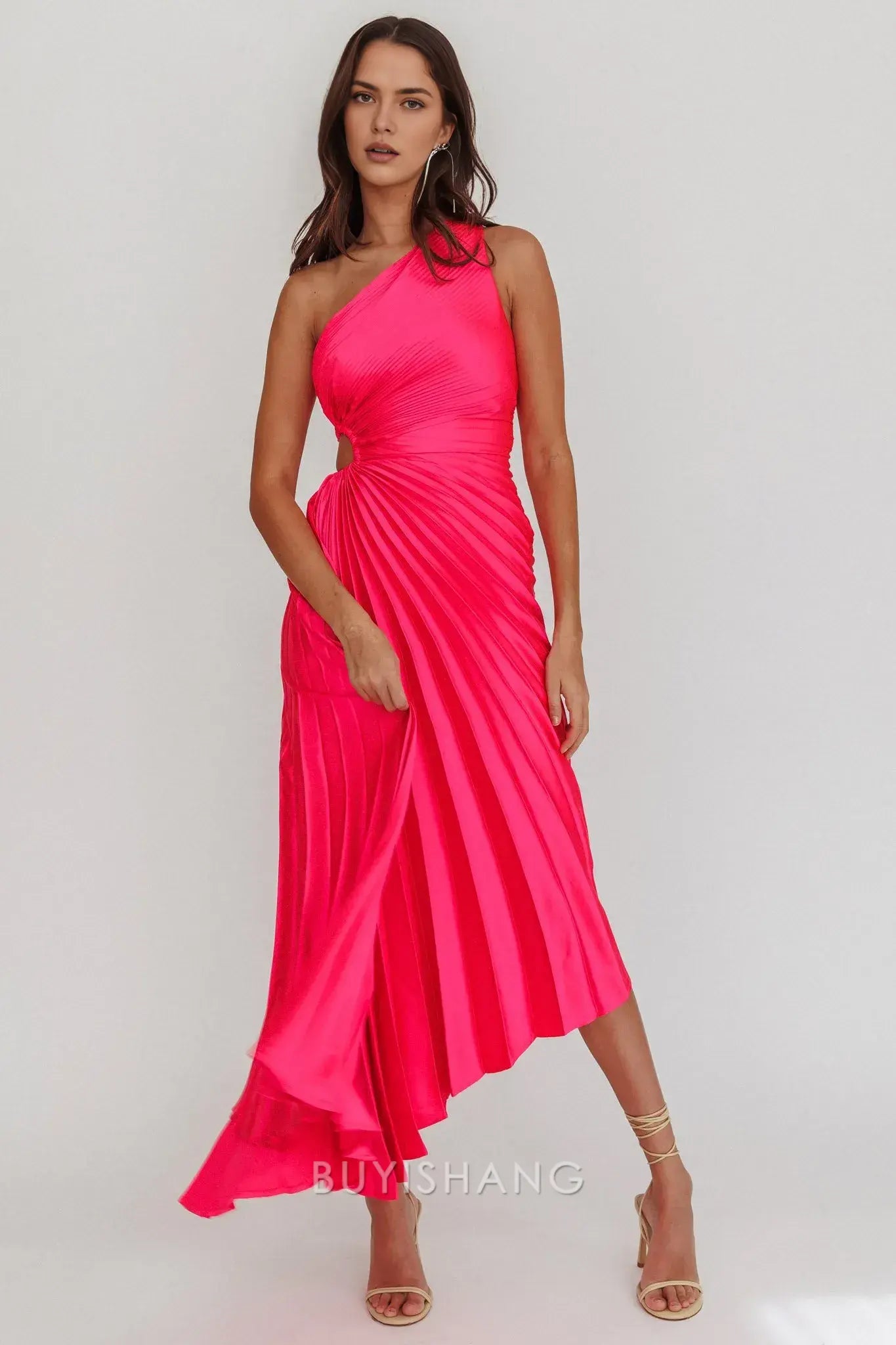 Elegant One - Shoulder Cut - Out Pleated Asymmetrical Length Maxi Dress prom dress