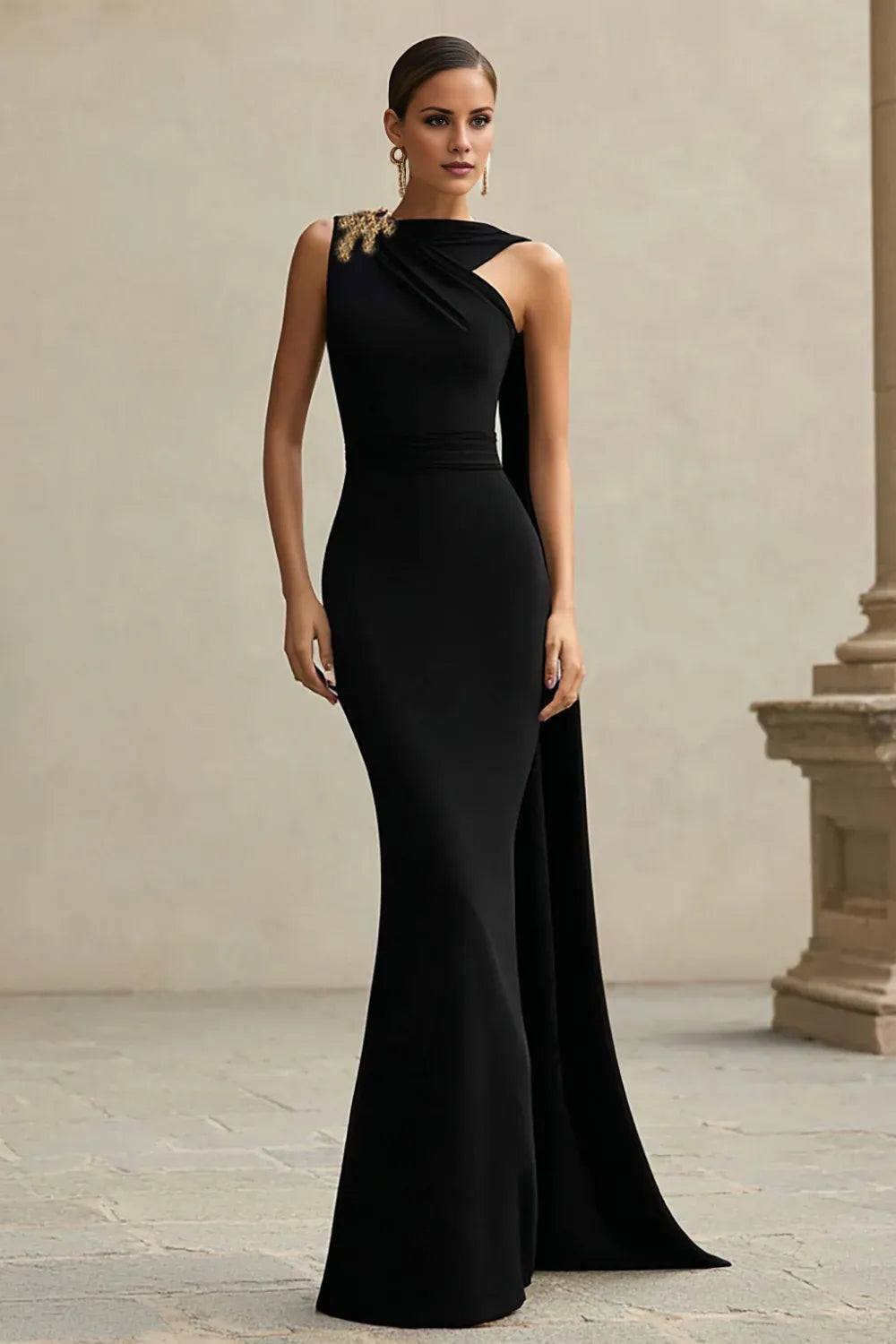 Elegant One-Shoulder Embellished Capelet Mermaid Maxi Dress Prom Dress