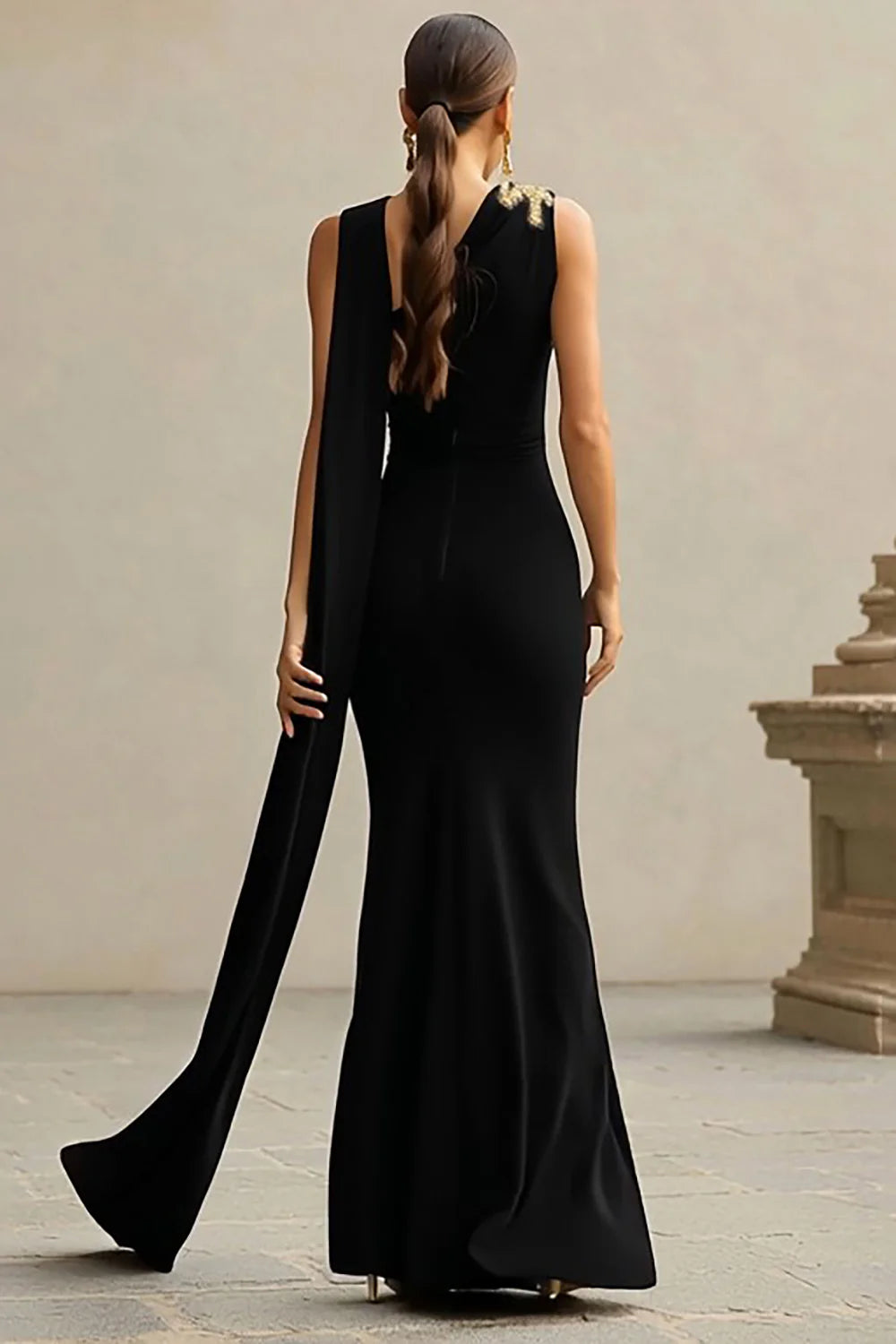 Elegant One-Shoulder Embellished Capelet Mermaid Maxi Dress Prom Dress