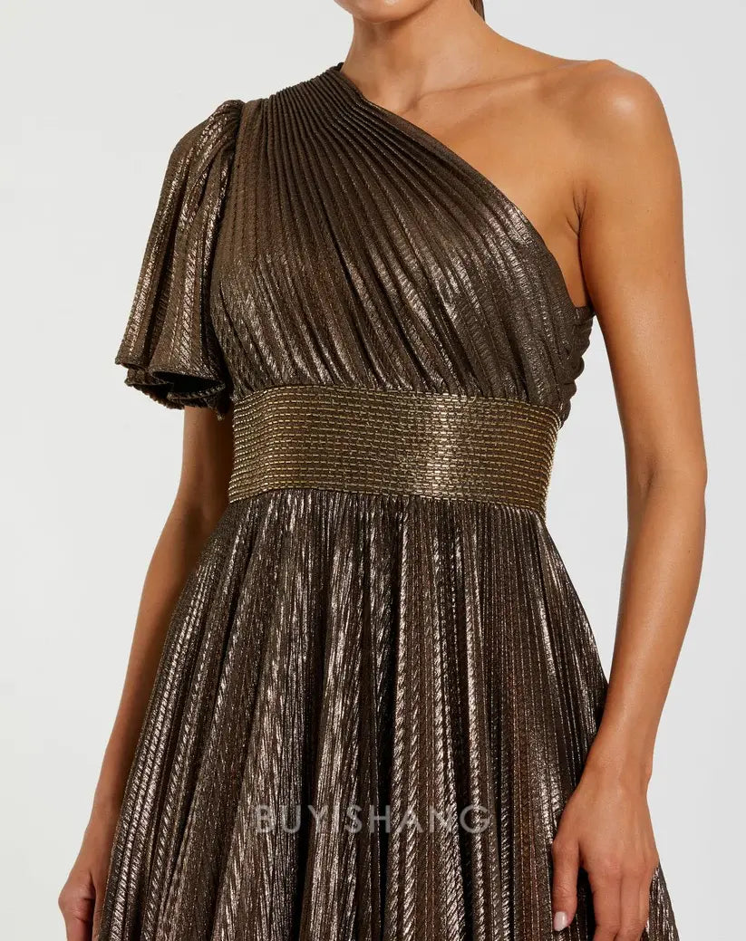 Elegant One-Shoulder Metallic Pleated A-Line Maxi Dress with Embellished Waist Mother of the Bride Dress