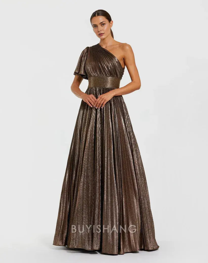 Elegant One-Shoulder Metallic Pleated A-Line Maxi Dress with Embellished Waist Mother of the Bride Dress