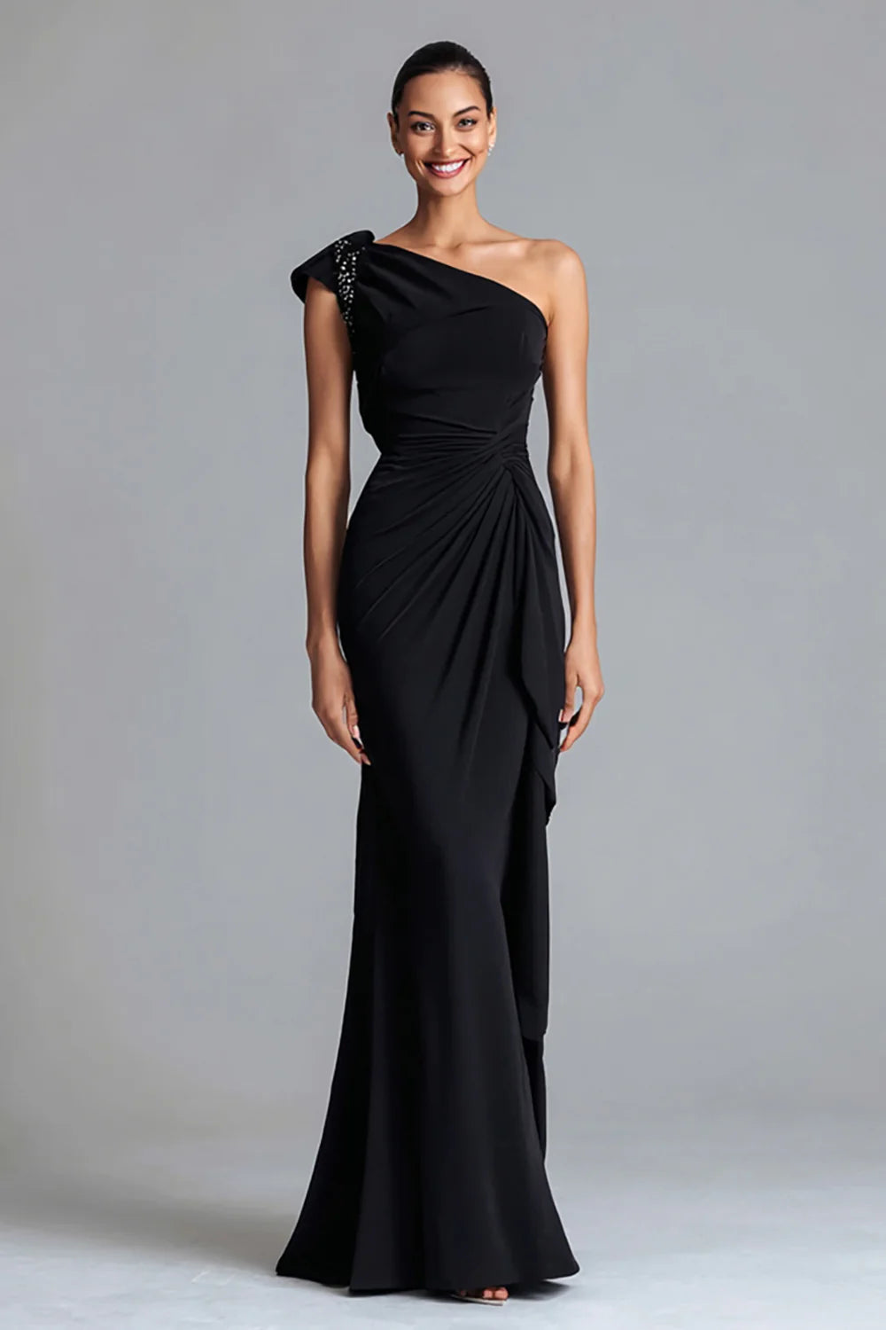 Elegant One-Shoulder Sleeveless Embellished Ruched Mermaid Maxi Dress Prom Dress