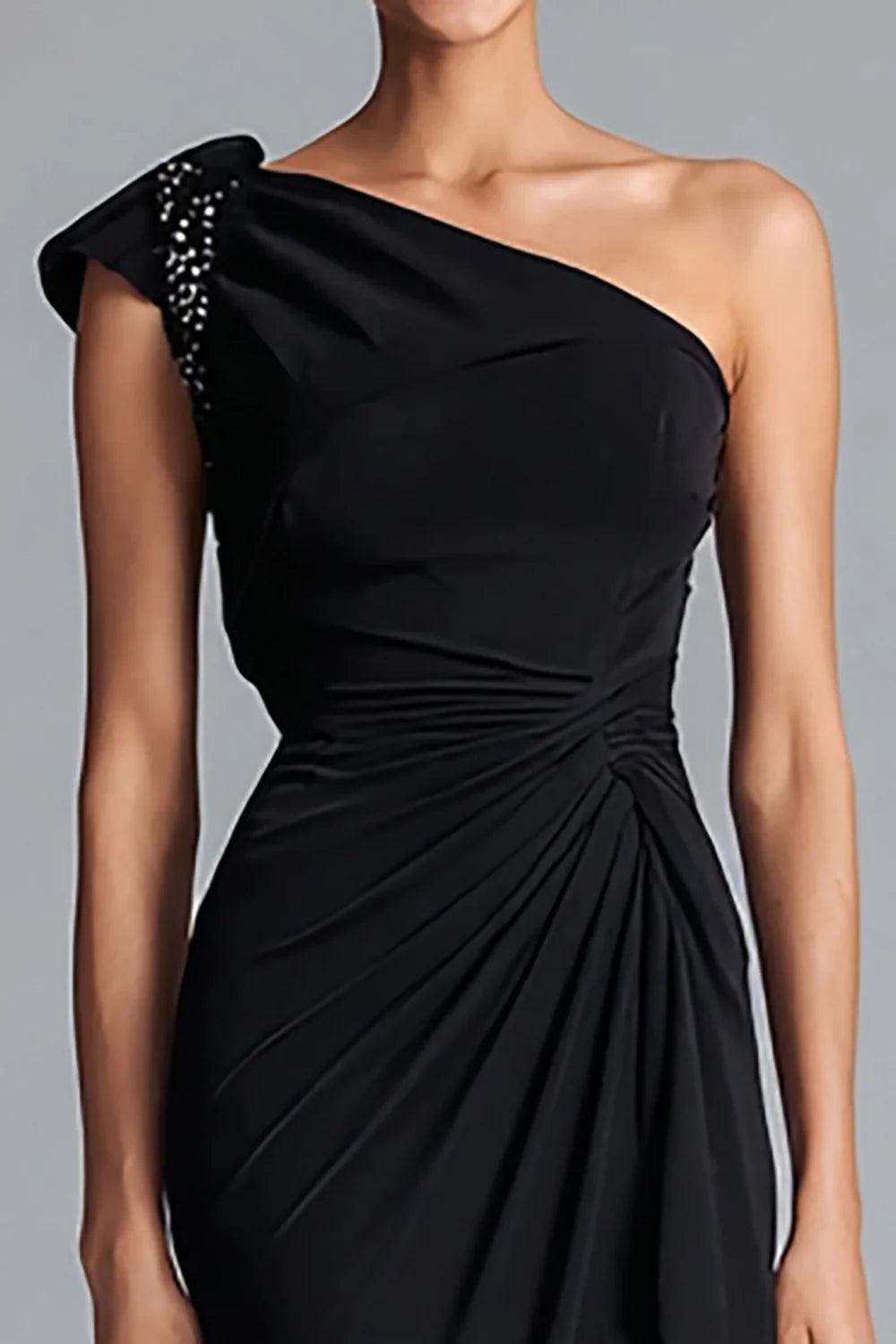 Elegant One-Shoulder Sleeveless Embellished Ruched Mermaid Maxi Dress Prom Dress