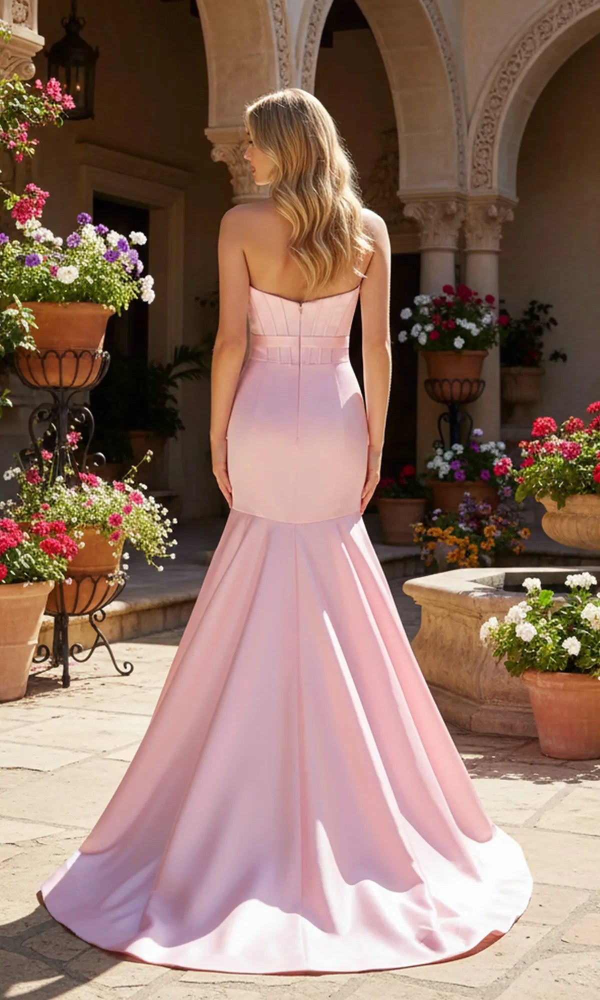 Elegant Pink Mermaid Strapless Sleeveless High-Slit Floor-Length Prom Dresses