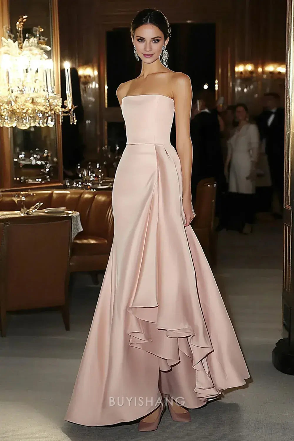 Elegant Pink Satin Strapless Mermaid Long Formal Dress with Side Cape Prom Dress