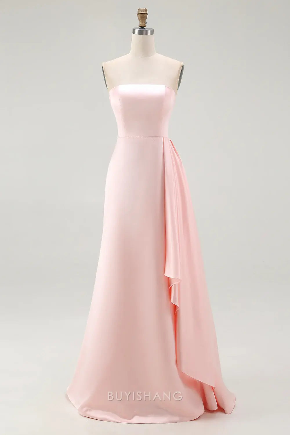 Elegant Pink Satin Strapless Mermaid Long Formal Dress with Side Cape Prom Dress