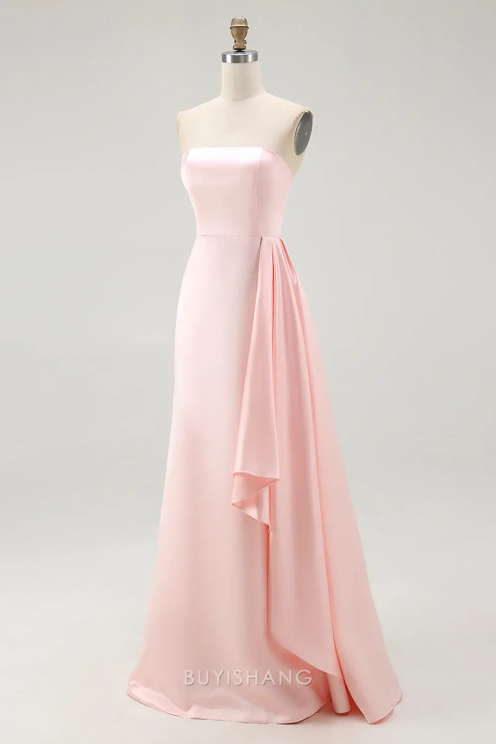 Elegant Pink Satin Strapless Mermaid Long Formal Dress with Side Cape Prom Dress