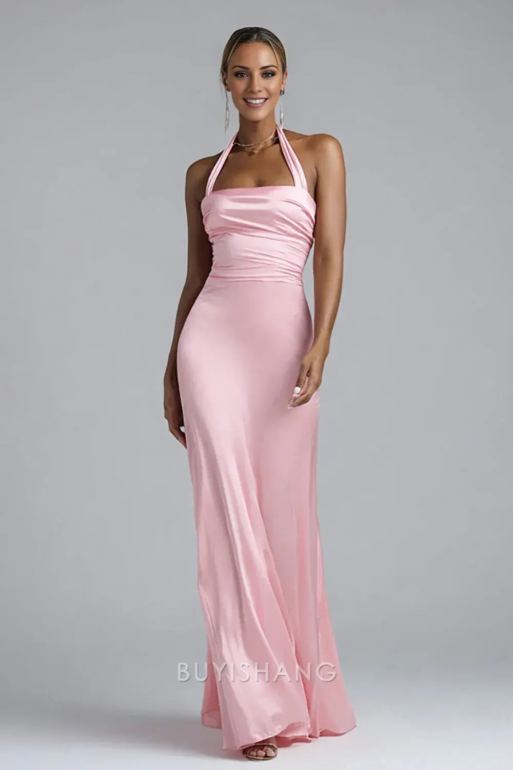 Elegant Pink Sleeveless Halter Satin Mermaid Long Formal Dress Prom Dress