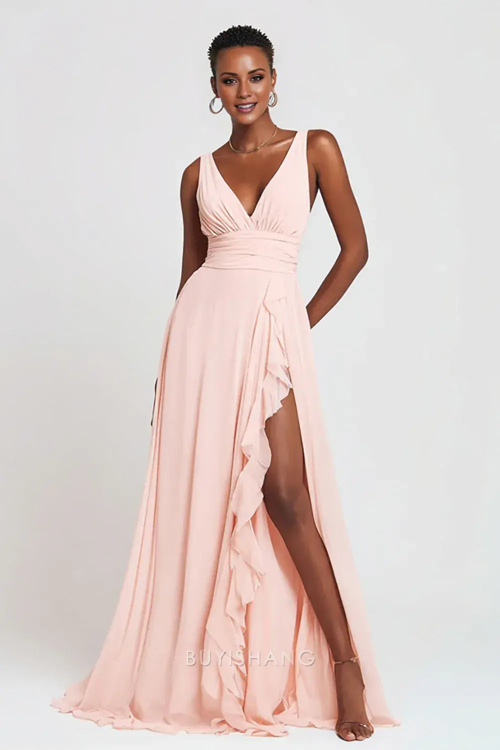 Elegant Pink V-Neck Chiffon A-Line Long Formal Dress with Slit Prom Dress
