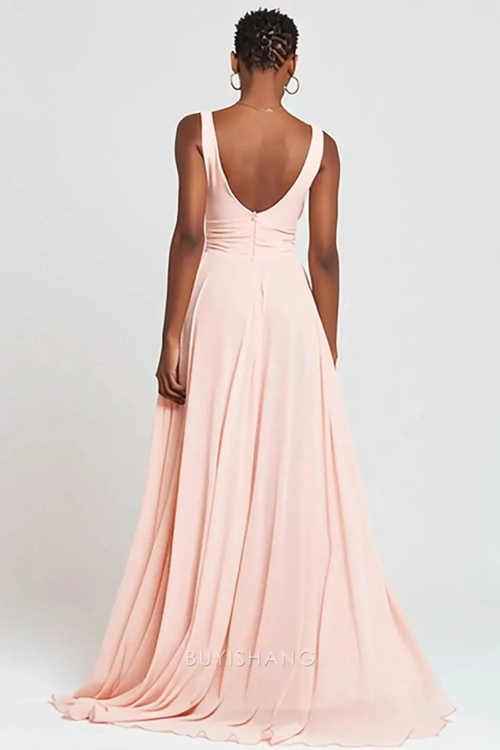 Elegant Pink V-Neck Chiffon A-Line Long Formal Dress with Slit Prom Dress