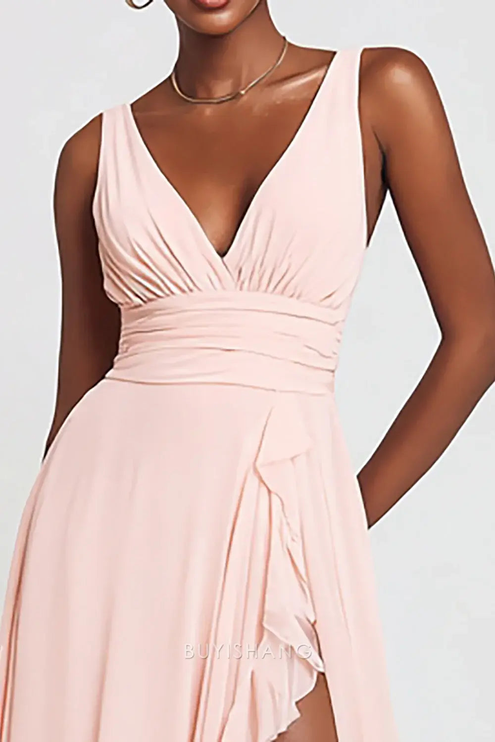 Elegant Pink V-Neck Chiffon A-Line Long Formal Dress with Slit Prom Dress