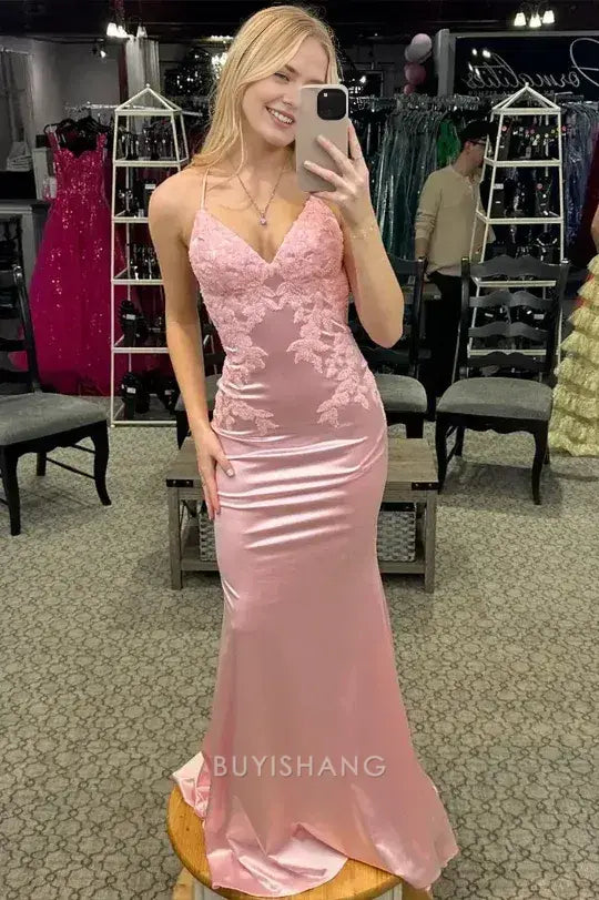 Elegant Pink V-Neck Spaghetti Straps Appliques Mermaid Prom Dress