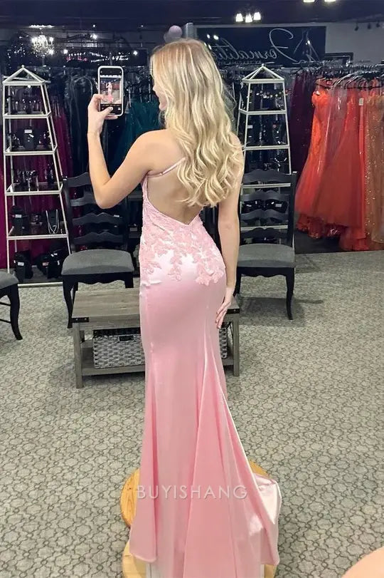 Elegant Pink V-Neck Spaghetti Straps Appliques Mermaid Prom Dress