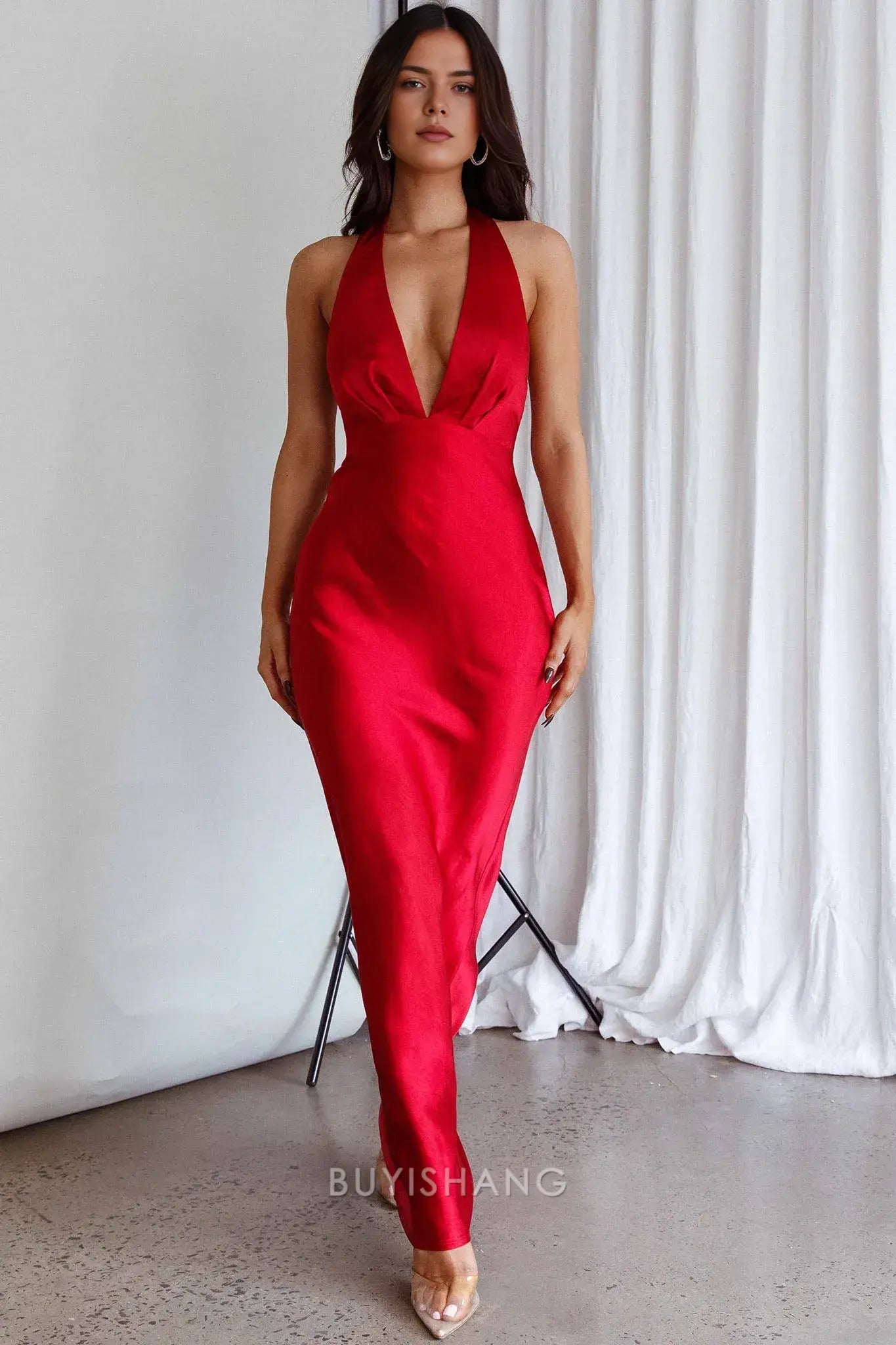 Elegant Plunging Halter Neck Satin Maxi Dress with Flower Detail prom dress