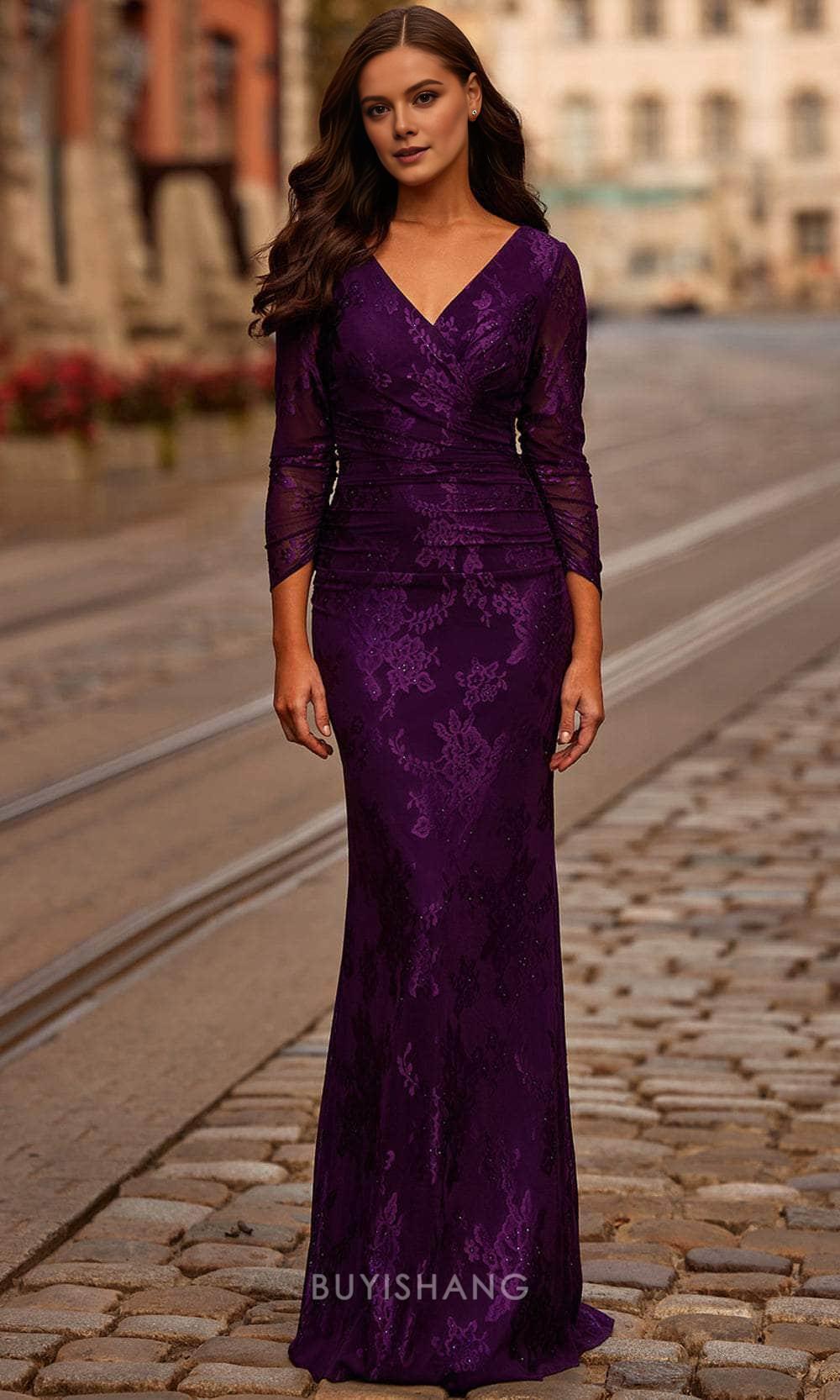 Elegant Plunging V-Neck Long Sleeve Lace Mermaid Maxi Dress Mother of the Bride Dress