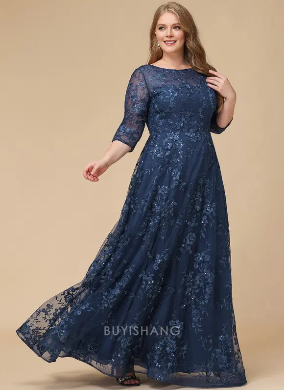 Elegant Plus Size Round Neck Three-Quarter Sleeve Floral Lace A-Line Maxi Dress Mother of the Bride Dress