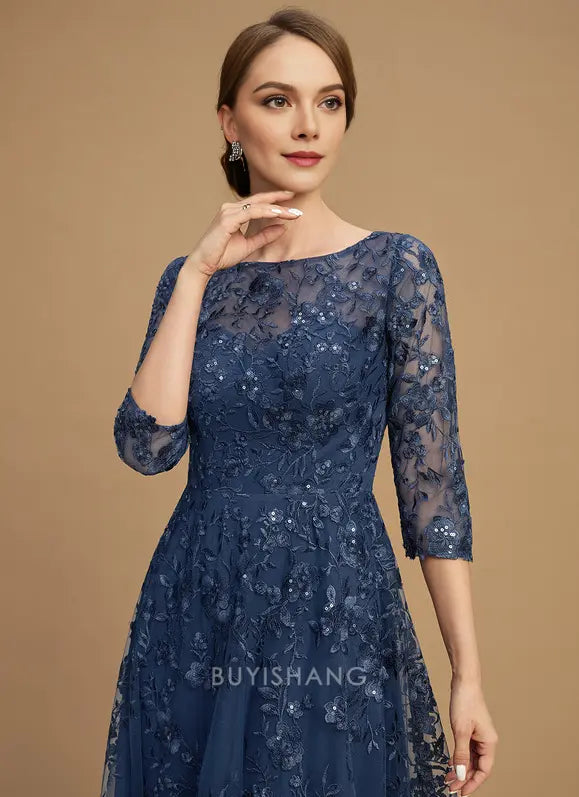 Elegant Plus Size Round Neck Three-Quarter Sleeve Floral Lace A-Line Maxi Dress Mother of the Bride Dress