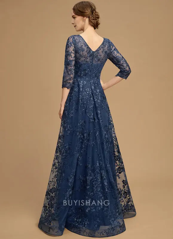 Elegant Plus Size Round Neck Three-Quarter Sleeve Floral Lace A-Line Maxi Dress Mother of the Bride Dress