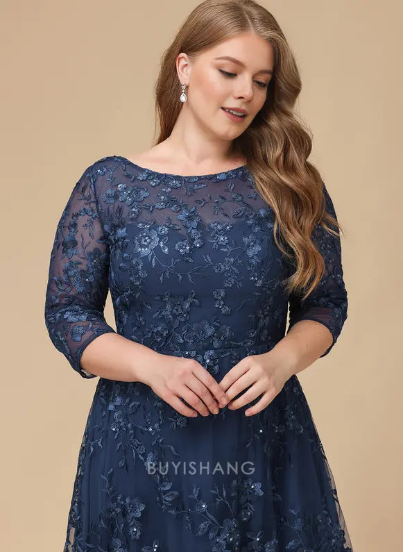 Elegant Plus Size Round Neck Three-Quarter Sleeve Floral Lace A-Line Maxi Dress Mother of the Bride Dress