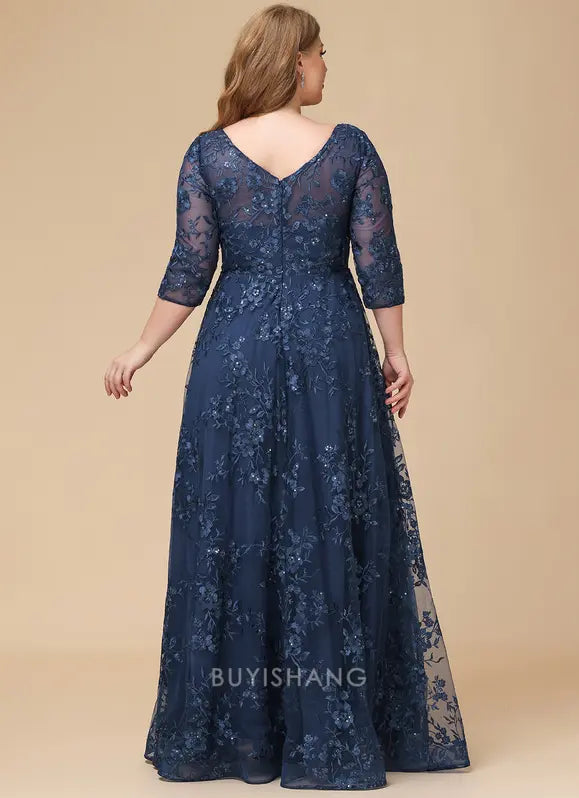 Elegant Plus Size Round Neck Three-Quarter Sleeve Floral Lace A-Line Maxi Dress Mother of the Bride Dress