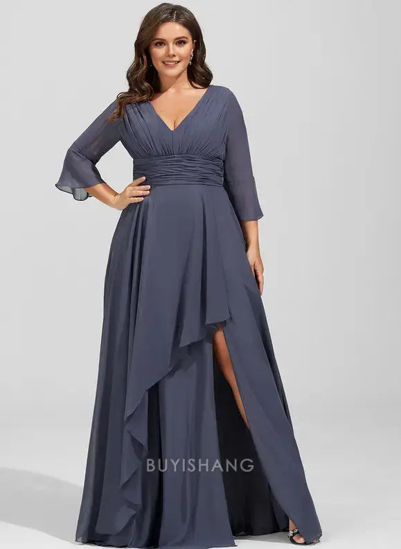 Elegant Plus Size V-Neck Bell Sleeve Ruched Chiffon Side Slit A-Line Maxi Dress Mother of the Bride Dress