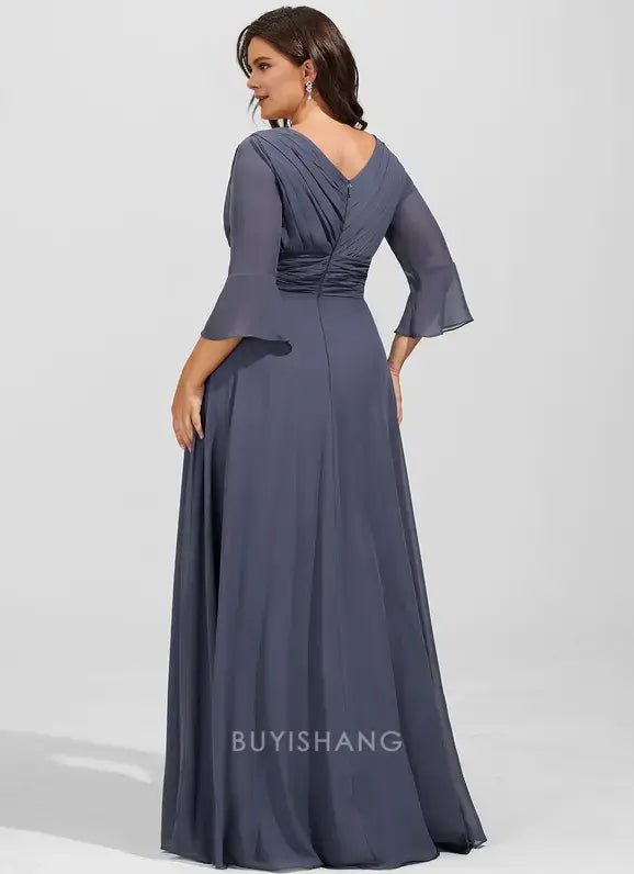 Elegant Plus Size V-Neck Bell Sleeve Ruched Chiffon Side Slit A-Line Maxi Dress Mother of the Bride Dress
