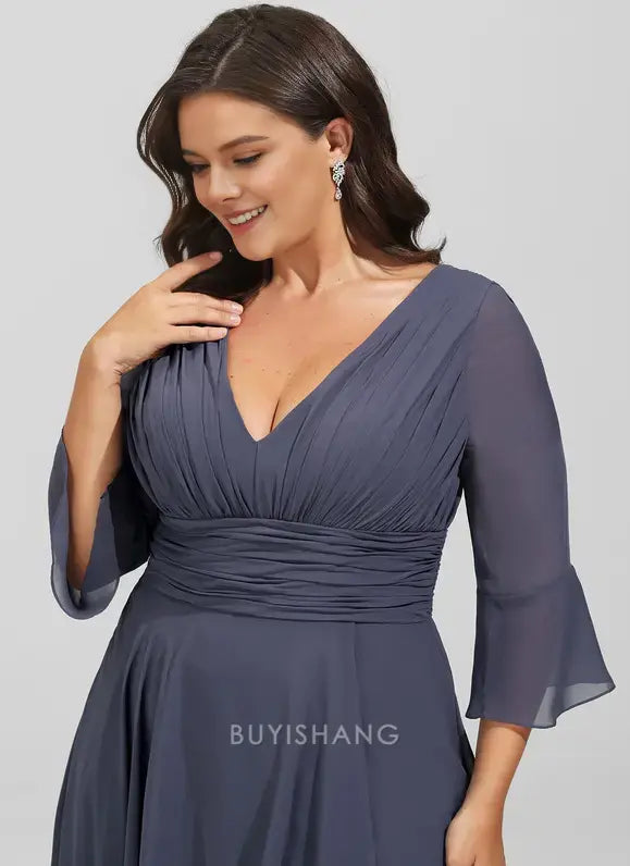 Elegant Plus Size V-Neck Bell Sleeve Ruched Chiffon Side Slit A-Line Maxi Dress Mother of the Bride Dress