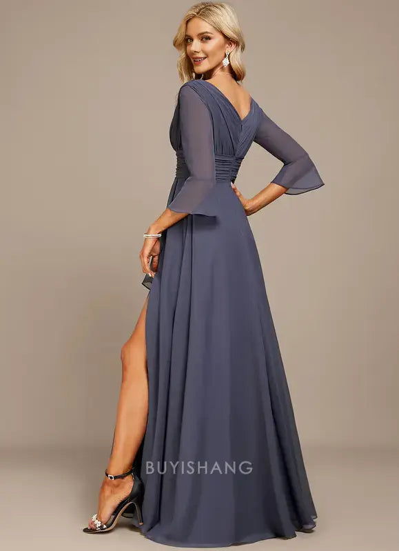 Elegant Plus Size V-Neck Bell Sleeve Ruched Chiffon Side Slit A-Line Maxi Dress Mother of the Bride Dress