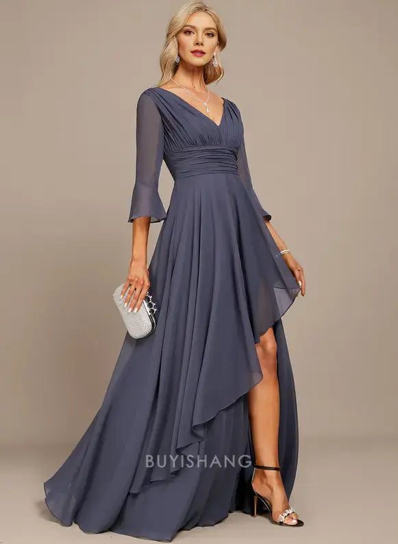 Elegant Plus Size V-Neck Bell Sleeve Ruched Chiffon Side Slit A-Line Maxi Dress Mother of the Bride Dress