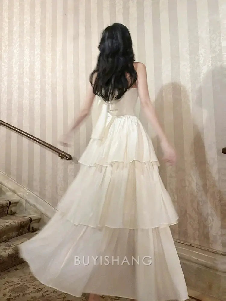 Buyishang Elegant Pretty A Line Ruffles Ankle Length White Evening Dress Prom Dresses