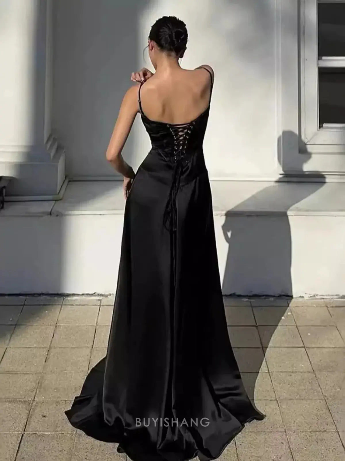 Buyishang Elegant Pretty A line Spaghetti Straps BLACK Satin Long Party Dresses Prom Dresses