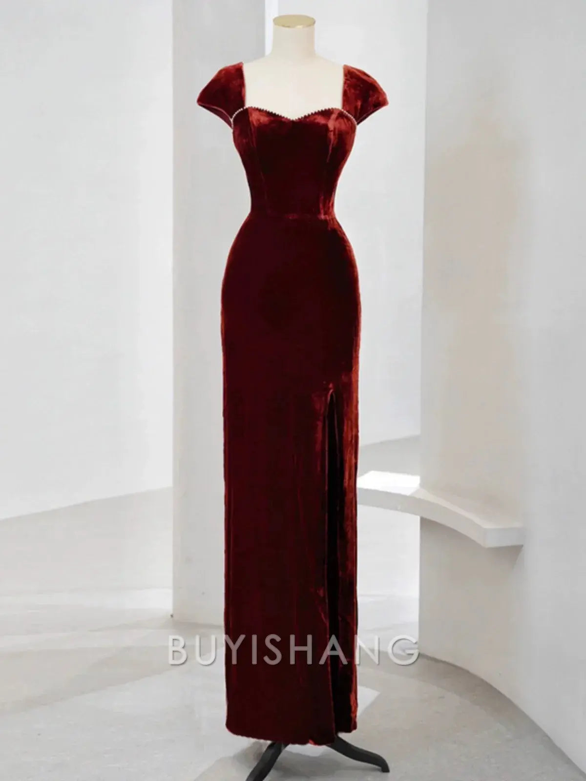 Buyishang Elegant Pretty Mermaid Burgundy Velvet Slit Evening Dress Prom Dresses