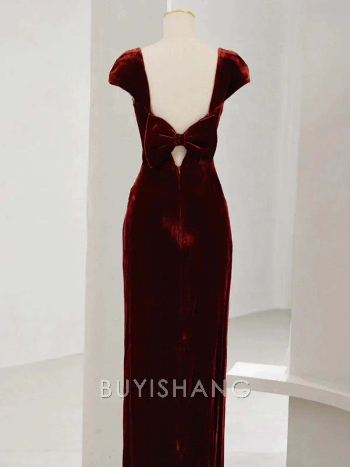Buyishang Elegant Pretty Mermaid Burgundy Velvet Slit Evening Dress Prom Dresses
