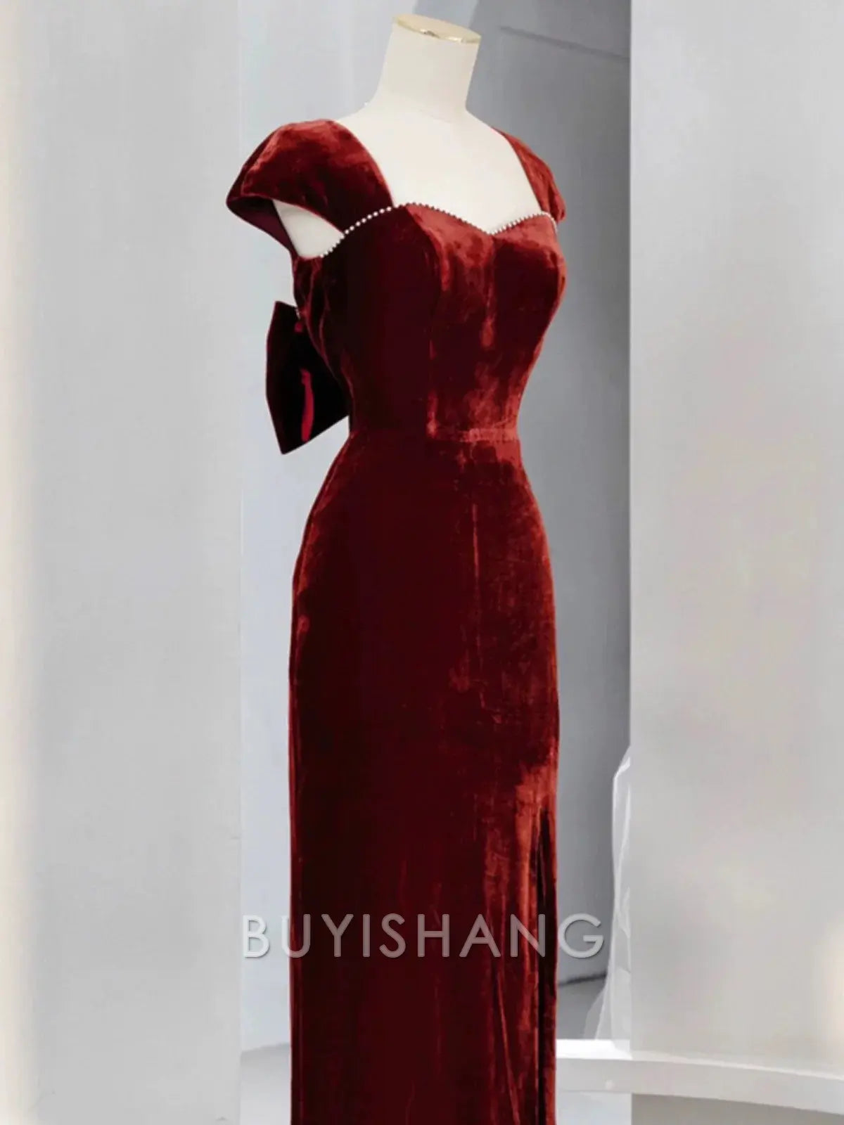 Buyishang Elegant Pretty Mermaid Burgundy Velvet Slit Evening Dress Prom Dresses