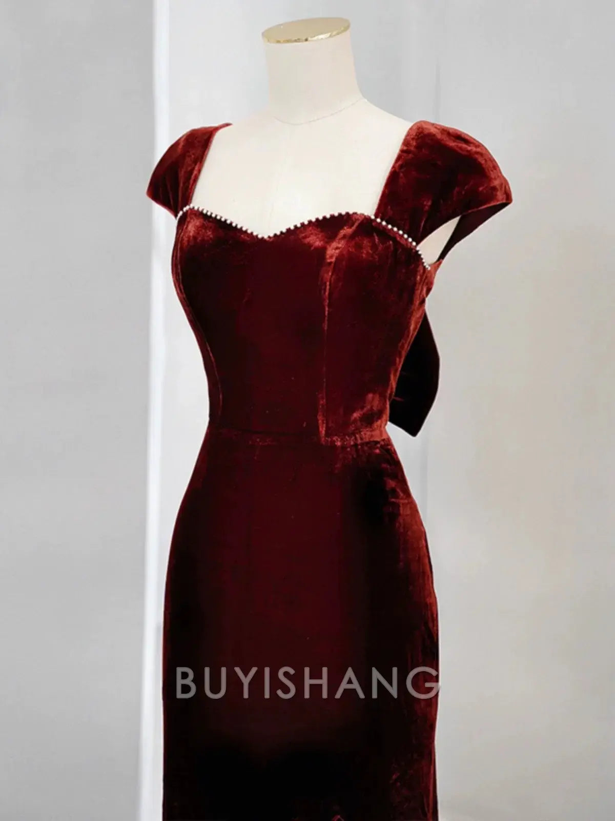 Buyishang Elegant Pretty Mermaid Burgundy Velvet Slit Evening Dress Prom Dresses