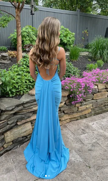 Buyishang Elegant Pretty Mermaid Spaghetti Straps Blue Backless Long Party Dresses Prom Dresses