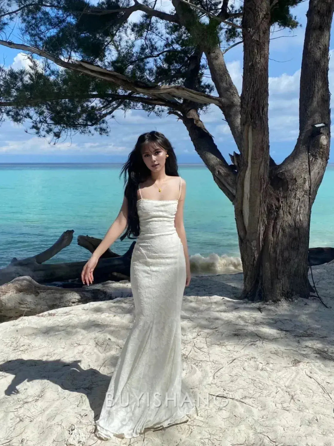 Buyishang Elegant Pretty Mermaid Spaghetti Straps Long Lace Party Dresses Prom Dresses