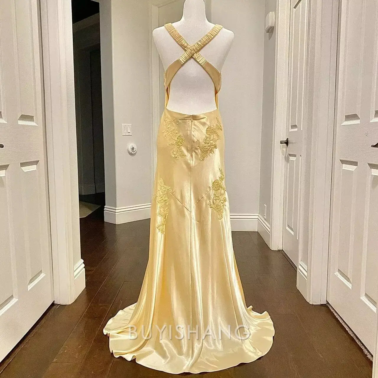 Buyishang Elegant Pretty Mermaid Spaghetti Straps Yellow Backless Long Party Dresses Prom Dresses