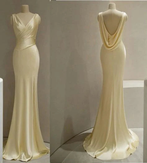 Buyishang Elegant Pretty Mermaid V Neckline Satin Yellow Long Prom Dresses Formal Evening Dress