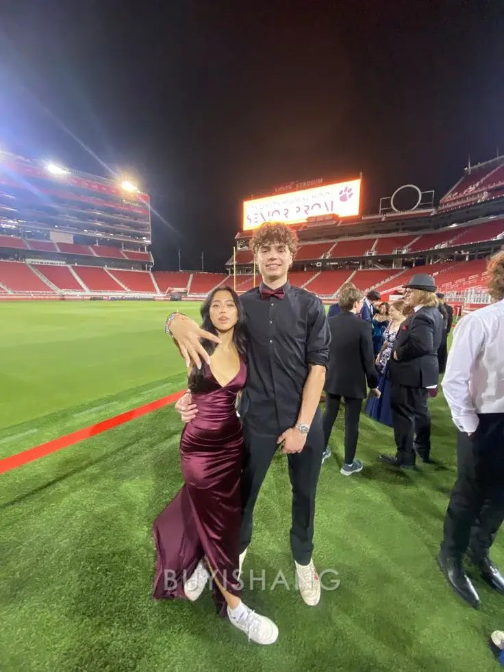 Buyishang Elegant Pretty Sheath Straps Burgundy Slit Long Evening Dress Prom Dresses