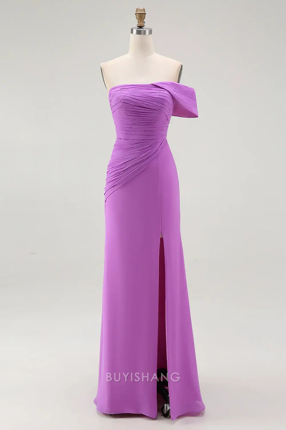 Elegant Purple One Shoulder Ruched Mermaid Long Formal Dress with Slit Prom Dress
